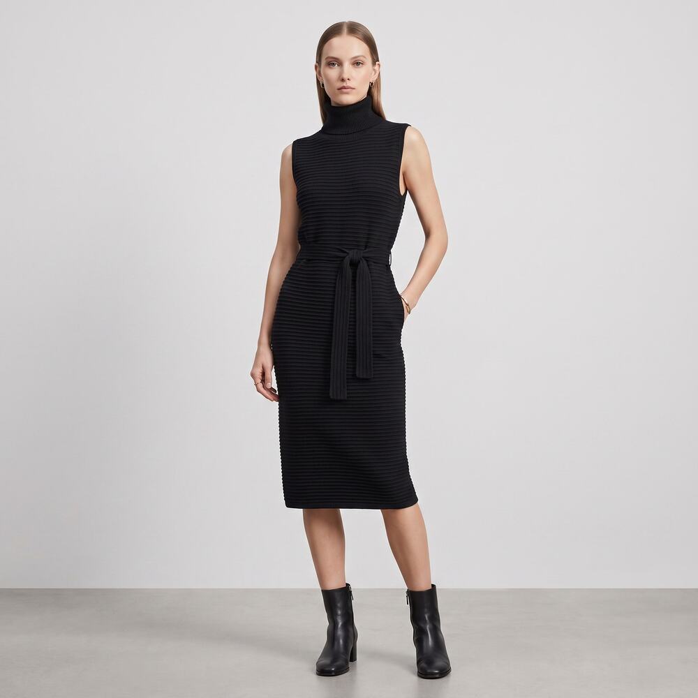 Calvin Klein Sleeveless Turtleneck Belted Knit Midi Sweater Dress Sz L Textured